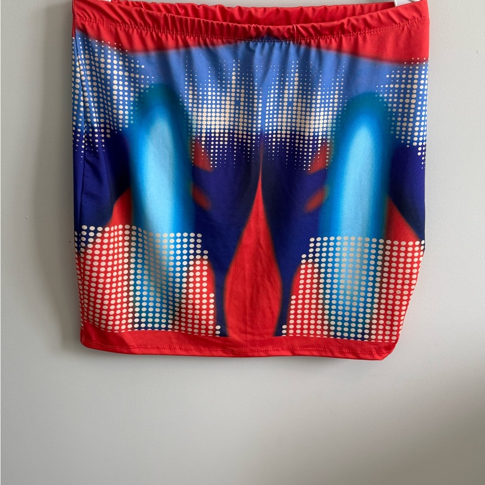 Fashion Nova Orange and Blue Mini Pencil Skirt and Bodysuit Set